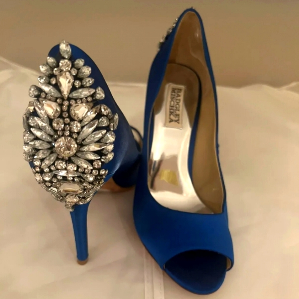 Badgley Mischka Kiara Royal Blue Satin Jeweled Stiletto Heel size 7.5